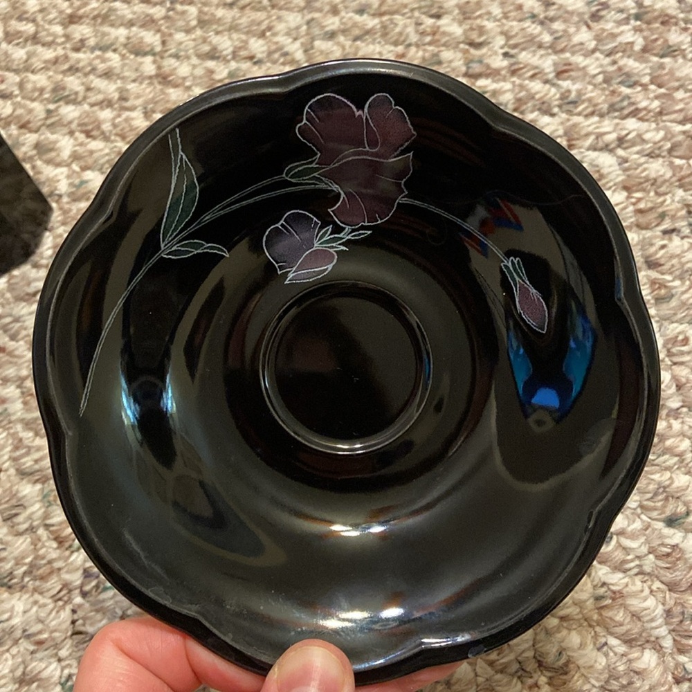 BLACK GLASS COFFEE CUP VINTAGE ARCOROC OCTIME MCM MADE IN FRANCE OCTAGON W/PLATE - Picture 7 of 10
